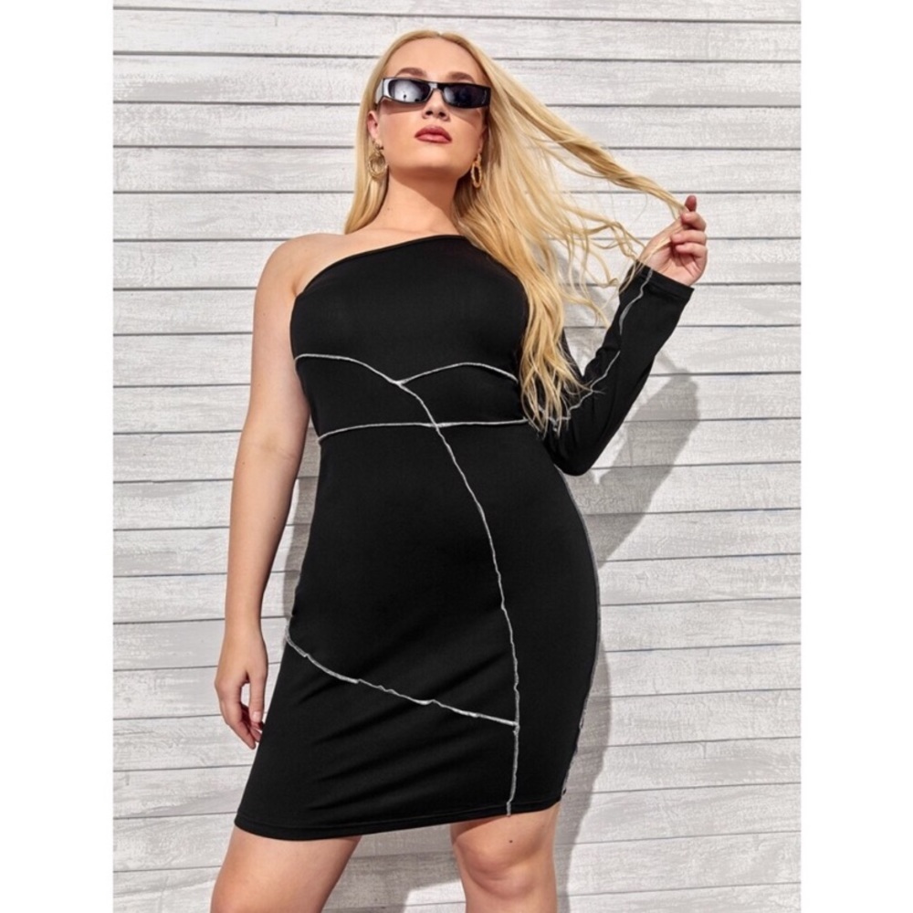 ONE SHOULDER STITCH TRIM DRESS - Picture 2 of 8